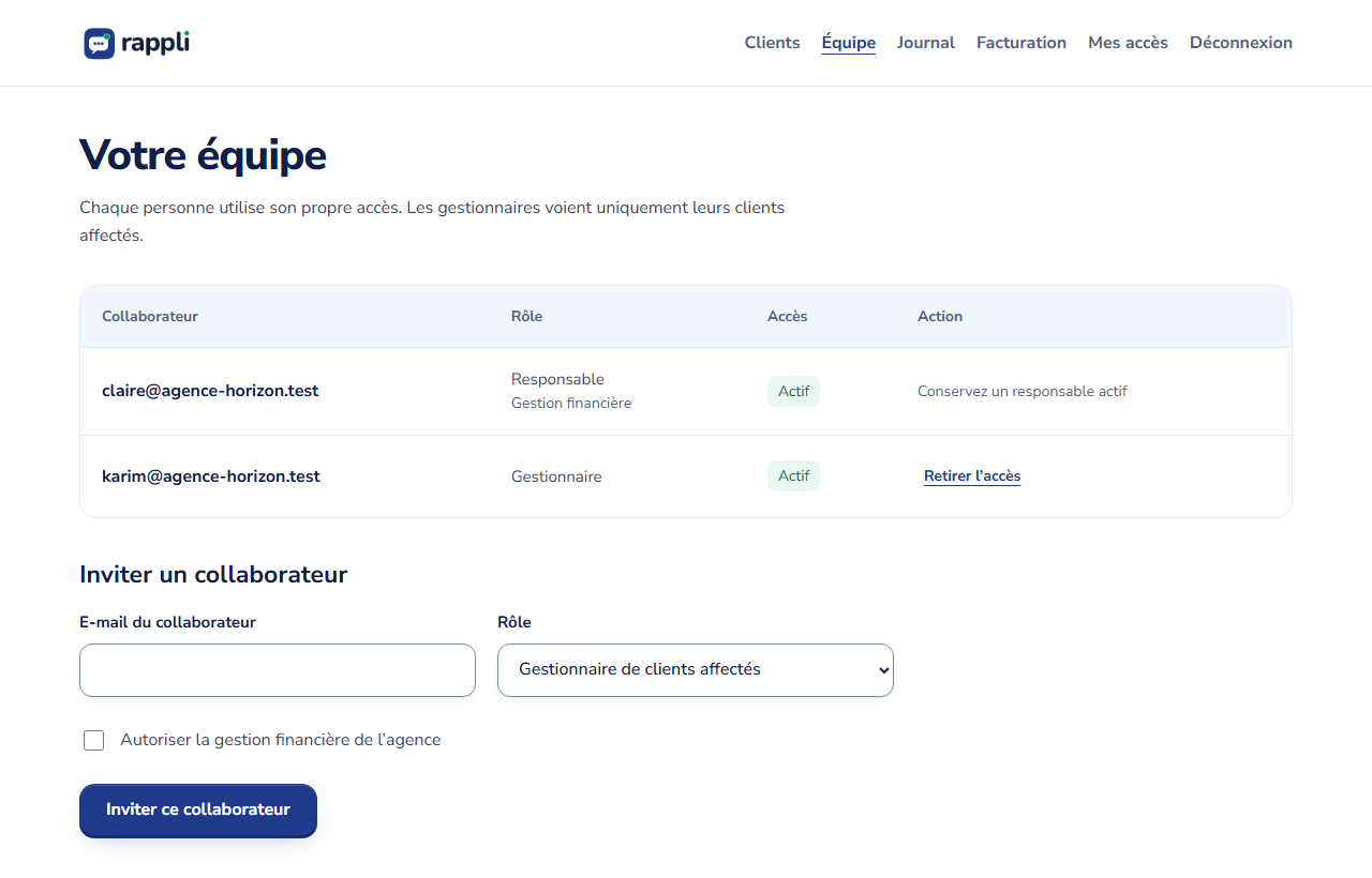 Exemple de la page équipe dans Rappli Partenaires : collaborateurs, invitations et clients confiés à chacun.